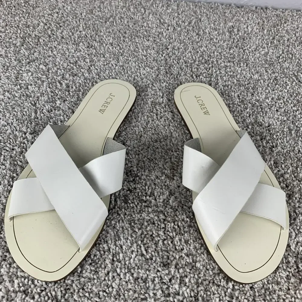J Crew Shoes Womens Size 11 White Slide Sandals Criss Cross Slip On Flats Summer